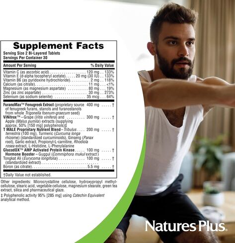 NaturesPlus Ultra T Male، إصدار ممتد - 60 قرصًا ثنائي الطبقات، عبوة من 2 - يدعم اكتساب العضلات - نباتي، خالي من الغلوتين - 60 وجبة إجمالية in Kuwait