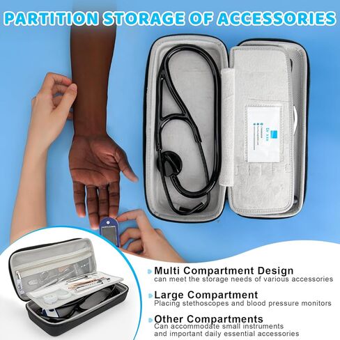 حقيبة حمل سماعة الطبيب الصلبة الكبيرة باللون الأزرق الداكن مع فتحة لبطاقة الهوية، حقيبة سماعة طبية من نسيج قطني طويل مقاومة للماء والصدمات متوافقة مع جميع سماعات الطبيب Littmann/ADC/Omron/MDF/Dixie EMS وملحقاتها (الجراب فقط) in Kuwait