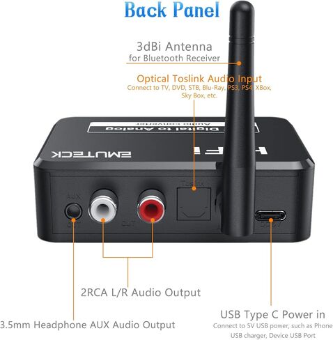 محول صوت رقمي إلى تناظري 192 كيلو هرتز DAC بصري Toslink SPDIF إلى L/R RCA AUX محول مقبس 3.5 مم، مستقبل بلوتوث، مشغل MP3 USB، حجم قابل للتعديل للتلفزيون PS3 PS4 Xbox DVD Home Stereo in Kuwait