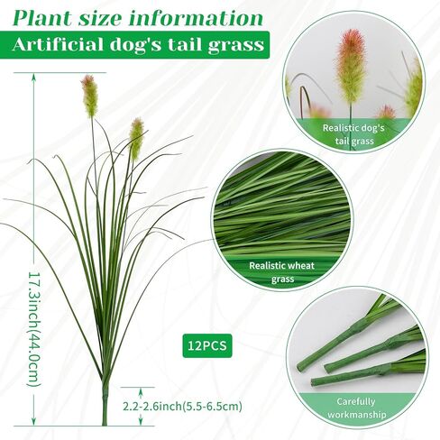 12Pcs Artificial Grass Plants, Faux Shrubs Wheat Grass, Artificial Tall Grass Fake Plants for Outdoor Decor,Artificial Greenery Stems Weed for Room Indoor Home Decor（Green Red Tail） in Kuwait