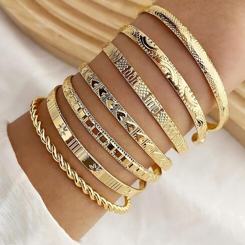 Gold Bangle Bracelet, 7 Pcs Gold Plated Dainty Layered Chain, 14K Layer Stackable Cuff Bracelet Set for Women (Gold) in Saudi Arabia