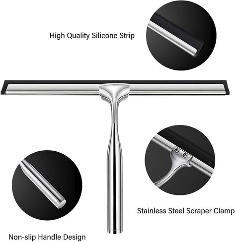 Stainless Steel Shower Squeegee for Shower Glass Door with Adhesive Hooks, Bathroom Cleaner Tool Household Window Mirror Squeegee, Cleaning Tile Wall, Car, 10 Inch Silver in Saudi Arabia