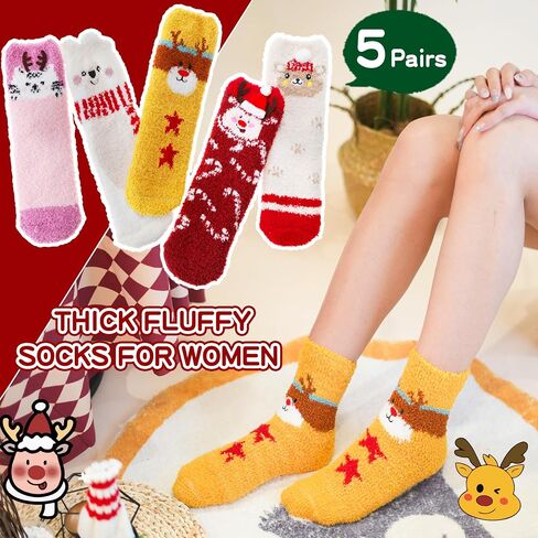 Sandsuced Fuzzy Fluffy Warm Slipper Socks for Women Winter Cozy Thick Cute Crew Sleep Comfy Fleece Christmas Socks 5 Pairs in Kuwait