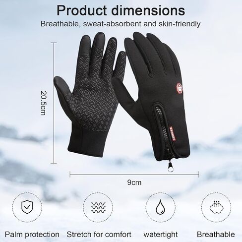 Waterproof Thermal Winter Touch Screen Anti-Slip Gloves Insulated Cold with Zip Design Black Outdoor Gloves for Cold Weather in Saudi Arabia