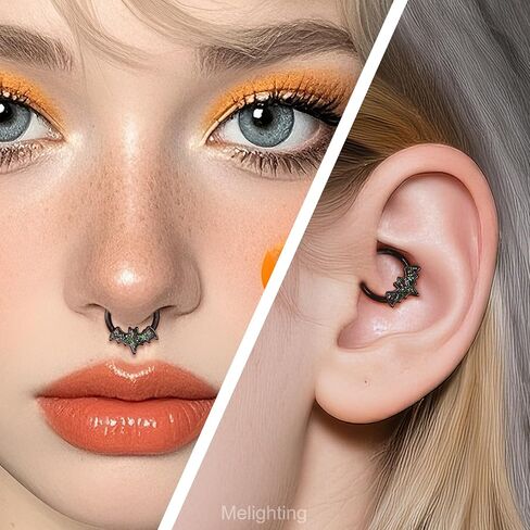 Melighting 16G Black Bat Septum Ring, 316L Stainless Steel Halloween Daith Piercing Jewelry, Nose Clicker, Helix Cartilage Conch Earring for Women 8/10 mm in Saudi Arabia