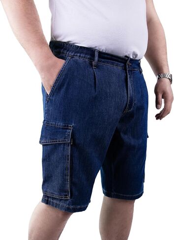 Men’s Cargo Denim Shorts, Dark Blue, Relaxed Fit, Knee Length, Welt Back Pockets, Zipper Pocket, Belt Loops in Saudi Arabia