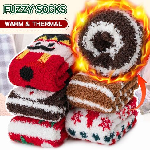Sandsuced Fuzzy Fluffy Warm Slipper Socks for Women Winter Cozy Thick Cute Crew Sleep Comfy Fleece Christmas Socks 5 Pairs in Kuwait
