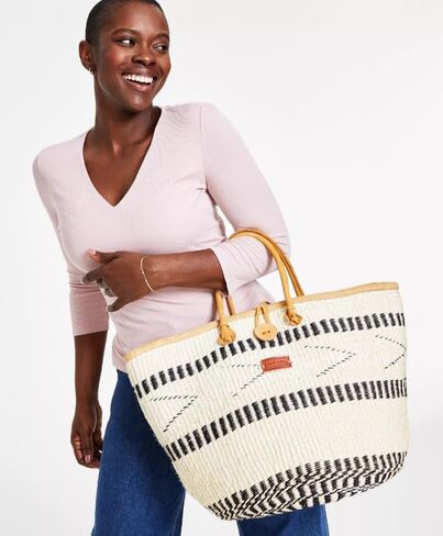 Balance Point Handwoven Economical Sisal Straw Tote Bag, Market Grocery Shopping Bags with Leather Strap Handles and Button Closure, Large Straw Shoulder Purse Suitable for Travel in Saudi Arabia