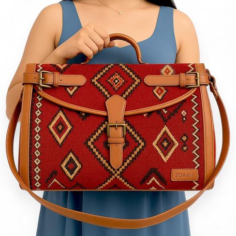 Kilim Carpet Travel Bag with Adjustable Strap, Genuine Leathe Unique Bohemian Design, Carry-On Friendly in Saudi Arabia
