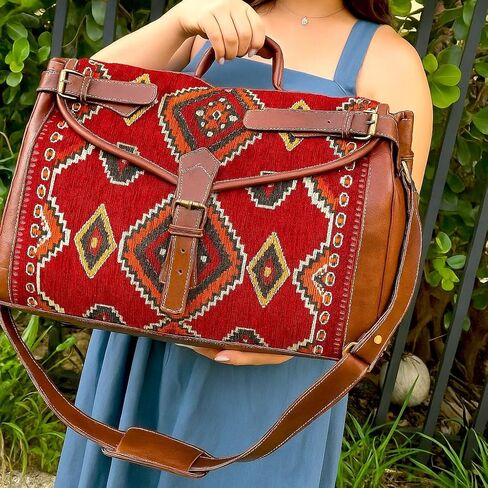 Kilim Carpet Travel Bag with Adjustable Strap, Genuine Leathe Unique Bohemian Design, Carry-On Friendly in Saudi Arabia