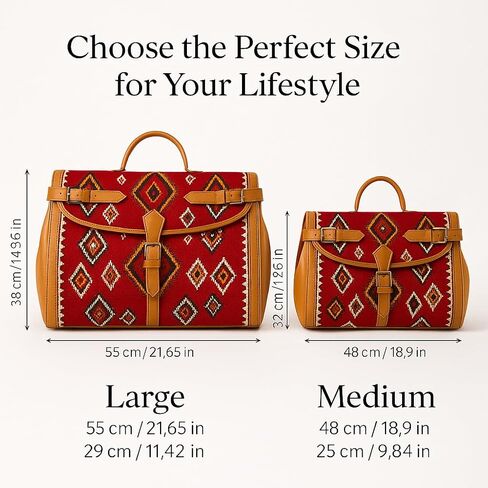 Kilim Carpet Travel Bag with Adjustable Strap, Genuine Leathe Unique Bohemian Design, Carry-On Friendly in Saudi Arabia