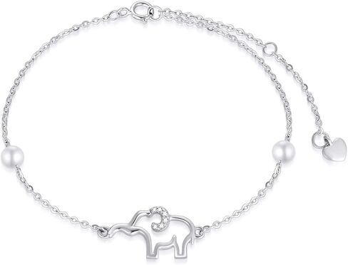 SISGEM 14k White Gold Elephant Anklet for Women, Real Gold Pearl Lucky Jewelry Ankle Bracelets Gifts for Sister/Wife, Present for Her, 8.6"+0.8"+0.8" in Saudi Arabia