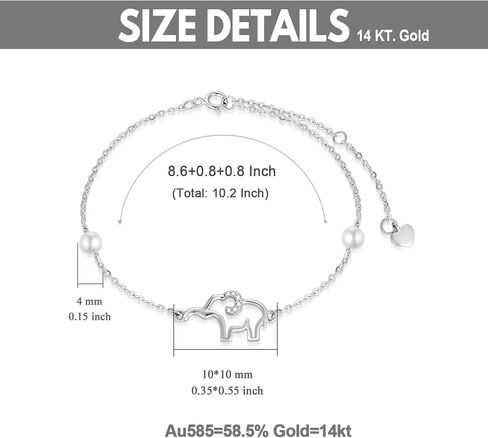 SISGEM 14k White Gold Elephant Anklet for Women, Real Gold Pearl Lucky Jewelry Ankle Bracelets Gifts for Sister/Wife, Present for Her, 8.6"+0.8"+0.8" in Saudi Arabia