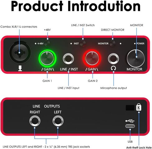 واجهة صوت YDMADE USB لتسجيل الملفات الصوتية ووسائط البث، توصيل وتشغيل تسجيل احترافي، طاقة XLR، واجهة صوت حمراء، بدون ضوضاء in Kuwait
