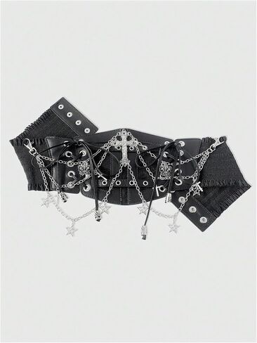 Wdirara Women's Faux Leather Corset Belt Belt Chain Goth Punk Cross Lace Up Side Side Corset Corset in Saudi Arabia