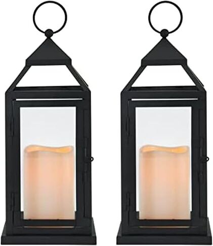 Elements Traditional Lantern with LED Pillar Candle Decorative Wedding Indoor Outdoor Events Parties Home Décor, Set of 2, 12-Inch, Black in Kuwait
