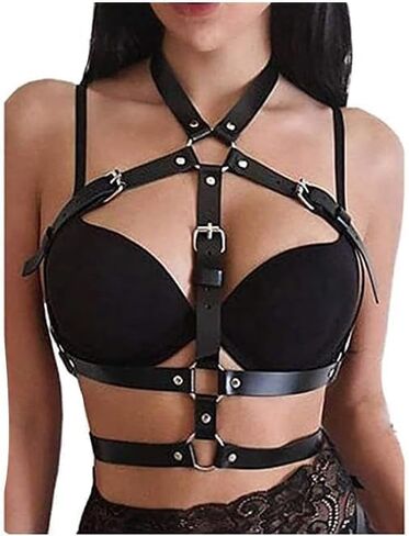 Black Punk Leather Chest Corset Body Waist Chain Belt Adjustable Body Accessories For Women, Girls in Saudi Arabia