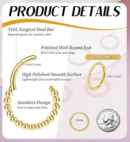 Beaded Nose Hoops for Women Men-316L Surgical Steel Hinged Nose Hoops 16G Clicker Septum Nose Ring Lip Helix Cartilage Hoop Earring Daith Rook Conch Body Piercing Jewelry 8MM 10MM in Saudi Arabia