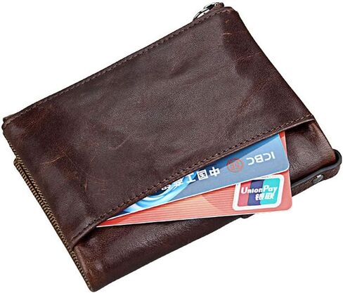 محفظة جلدية حقيقية صغيرة للنساء RFID حظر bifold مع سستة جيب ونافذة معرف البني (أحمر) in Saudi Arabia
