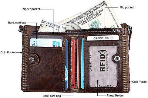 محفظة جلدية حقيقية صغيرة للنساء RFID حظر bifold مع سستة جيب ونافذة معرف البني (أحمر) in Saudi Arabia