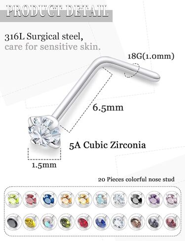 18G 20G 22G حلقات الأنف ترصيع خارقة المجوهرات للنساء 316L من الصلب الجراحي L على شكل شكل مستقيم الماس CZ أنف الأزرار مجوهرات ثقب الفو in Kuwait