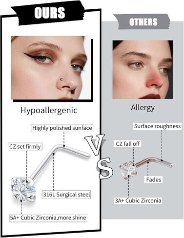 18G 20G 22G حلقات الأنف ترصيع خارقة المجوهرات للنساء 316L من الصلب الجراحي L على شكل شكل مستقيم الماس CZ أنف الأزرار مجوهرات ثقب الفو in Kuwait
