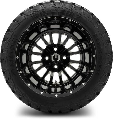 MODZ® 14x10" Assassin Black with Ball Mill Golf Cart Wheels and MODZ® Roverz (23x10.50-R14) Golf Cart Radial Tires Combo - Set of 4 in Saudi Arabia