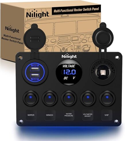 Nilight 5 Gang Multi Function Waterproof Switch Panel PD Type C and USB Socket Digital Voltmeter 12V Outlet Rocker with Inline Fuse for RVs Cars Boats Trucks Trailers Green in Saudi Arabia