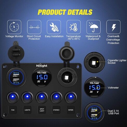 Nilight 5 Gang Multi Function Waterproof Switch Panel PD Type C and USB Socket Digital Voltmeter 12V Outlet Rocker with Inline Fuse for RVs Cars Boats Trucks Trailers Green in Saudi Arabia