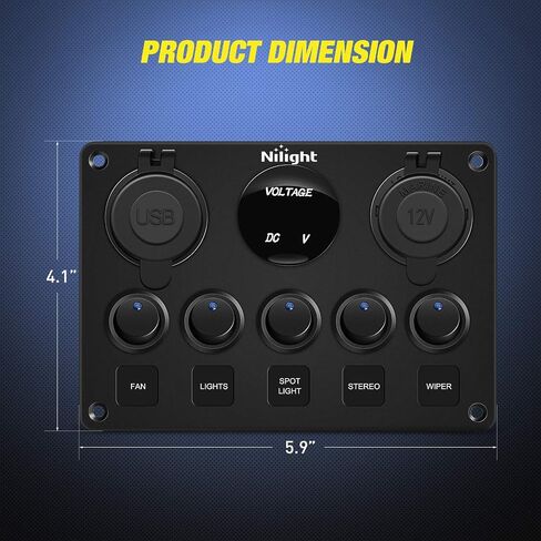 Nilight 5 Gang Multi Function Waterproof Switch Panel PD Type C and USB Socket Digital Voltmeter 12V Outlet Rocker with Inline Fuse for RVs Cars Boats Trucks Trailers Green in Saudi Arabia