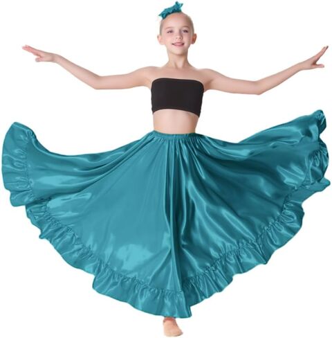 Long Mexican Folklorico Dance Skirt for Girls, Full Dancing Circle Ruffle Style, Sizes 8-12 Years in Kuwait