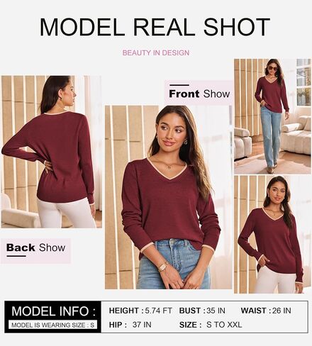 Dokotoo Womens Cashmere Sweaters Dressy Casual Long Sleeve V Neck Lightweight Ribbed Knit Wool Pullover Jumper Top in Saudi Arabia