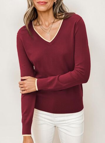 Dokotoo Womens Cashmere Sweaters Dressy Casual Long Sleeve V Neck Lightweight Ribbed Knit Wool Pullover Jumper Top in Saudi Arabia