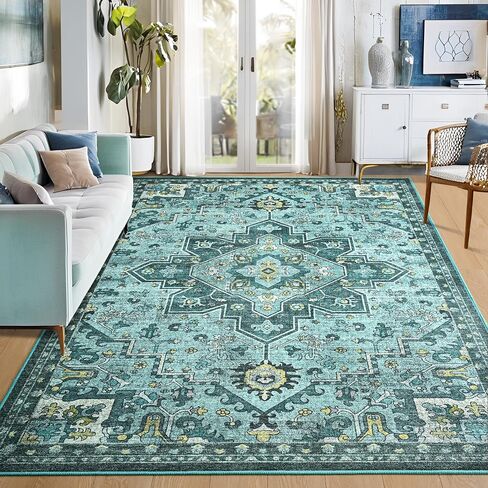 Foxmas 6x9 Area Rugs for Living Room, Machine Washable Vintage Rug, Non-Slip Low Pile Throw Rugs with Rubber Backing Washable Carpet for Bedroom Dining Room Kitchen Home Decor, Blue in Saudi Arabia