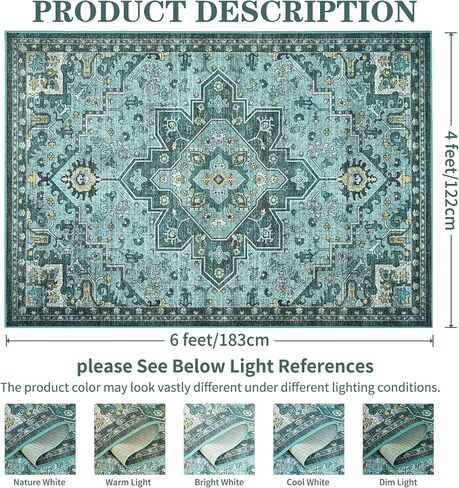 Foxmas 6x9 Area Rugs for Living Room, Machine Washable Vintage Rug, Non-Slip Low Pile Throw Rugs with Rubber Backing Washable Carpet for Bedroom Dining Room Kitchen Home Decor, Blue in Saudi Arabia