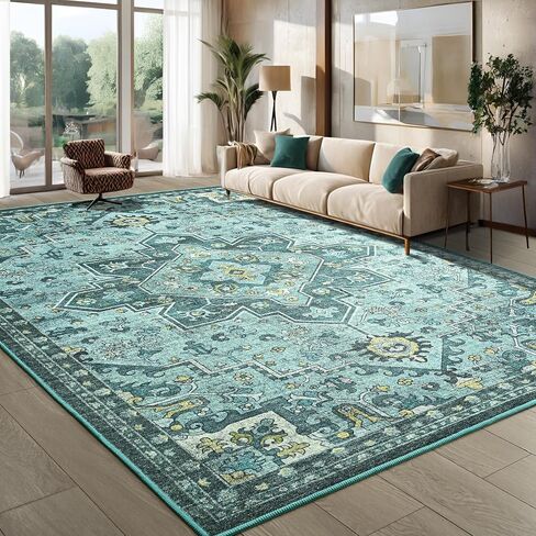 Foxmas 6x9 Area Rugs for Living Room, Machine Washable Vintage Rug, Non-Slip Low Pile Throw Rugs with Rubber Backing Washable Carpet for Bedroom Dining Room Kitchen Home Decor, Blue in Saudi Arabia