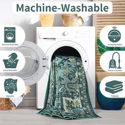 Foxmas 6x9 Area Rugs for Living Room, Machine Washable Vintage Rug, Non-Slip Low Pile Throw Rugs with Rubber Backing Washable Carpet for Bedroom Dining Room Kitchen Home Decor, Blue in Saudi Arabia