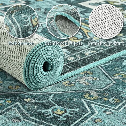 Foxmas 6x9 Area Rugs for Living Room, Machine Washable Vintage Rug, Non-Slip Low Pile Throw Rugs with Rubber Backing Washable Carpet for Bedroom Dining Room Kitchen Home Decor, Blue in Saudi Arabia