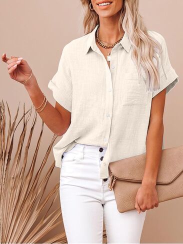 Womens Casual Cotton Linen Button Down Short Sleeve Shirts Solid Summer Beach Blouses Tops with Pocket in Kuwait
