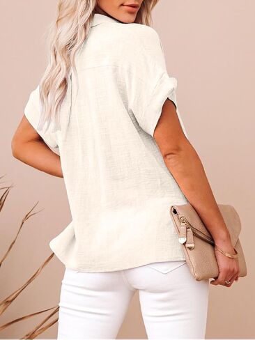 Womens Casual Cotton Linen Button Down Short Sleeve Shirts Solid Summer Beach Blouses Tops with Pocket in Kuwait