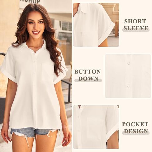 Womens Casual Cotton Linen Button Down Short Sleeve Shirts Solid Summer Beach Blouses Tops with Pocket in Kuwait