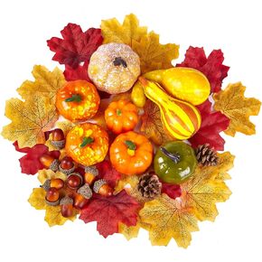 Fall Decorations 50pcs Artificial Pumpkin Set with Fake Maple Leaves & Acorns, Fall Decor for DIY Crafts Home Table Wreath Thanksgiving Halloween Autumn Harvest Party in Saudi Arabia