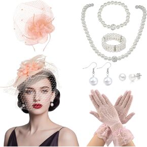 7Pcs Fascinators for Women,20s 50s Tea Party Fascinator Hats for Women,Feather Pearl Veil Tea Party Hats and Jewelry Set in Saudi Arabia