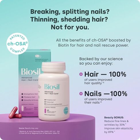 Biosil Advanced Hair + Nail Care - 60 Capsules - Grow, Strengthen & Thicken Hair and Nails - with Patented ch-OSA & Biotin - 30-Day Supply in Kuwait