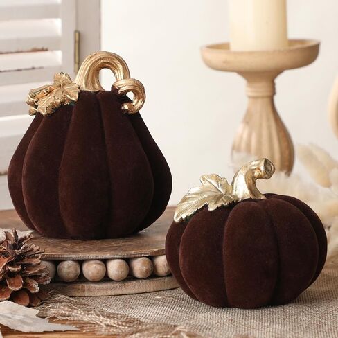 2 PCS Velvet Pumpkin لتزيين السيراميك البني المزدهر اليقطين ديكور السقوط لطيف 5.5 × 4.6 '' ، 4.1 × 4.3 ' in Saudi Arabia