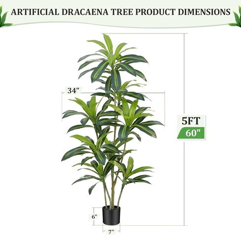 Dracaena Plant شجرة اصطناعية طولها 4 أقدام زوايا استوائية مزيفة طول نباتات محفوظة بوعاء (لمسة حقيقية) أوراق شجرة الحرير الاصطناعية أشجار زارع أسود طويل القامة لغرفة المعيشة في المنزل الداخلي في الهواء الطلق in Saudi Arabia