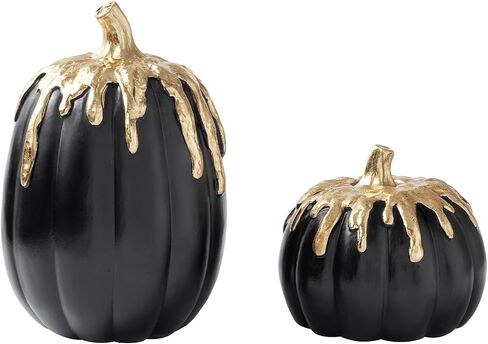WDS WONDROUS Black and Gold Pumpkins Decoration Halloween and Fall Modern Decor, 2 PCS Artificial Resin Pumpkins Table Centerpiece for Autumn Thanksgiving Halloween Party Indoor Home Decor in Saudi Arabia