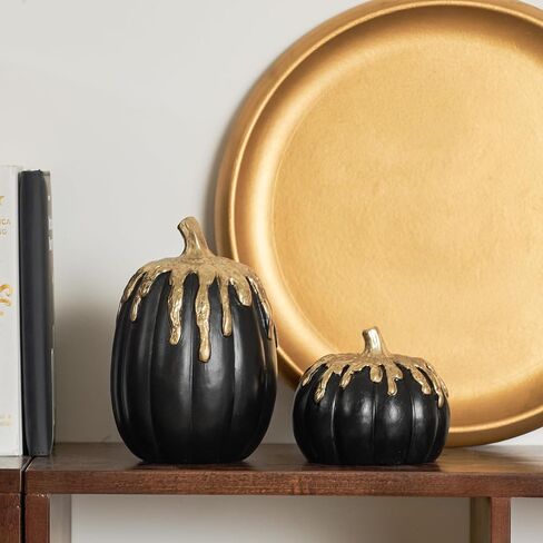 WDS WONDROUS Black and Gold Pumpkins Decoration Halloween and Fall Modern Decor, 2 PCS Artificial Resin Pumpkins Table Centerpiece for Autumn Thanksgiving Halloween Party Indoor Home Decor in Saudi Arabia