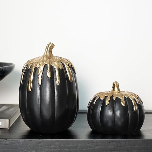 WDS WONDROUS Black and Gold Pumpkins Decoration Halloween and Fall Modern Decor, 2 PCS Artificial Resin Pumpkins Table Centerpiece for Autumn Thanksgiving Halloween Party Indoor Home Decor in Saudi Arabia