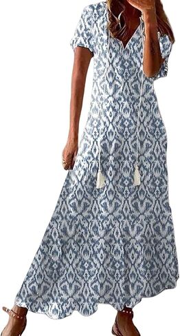 Womens Boho Maxi Dresses Summer Casual V Neck Ruffle Dress Loose Floral Maxi Dress Flowy Beach Vacation Dresses 2025 in Saudi Arabia